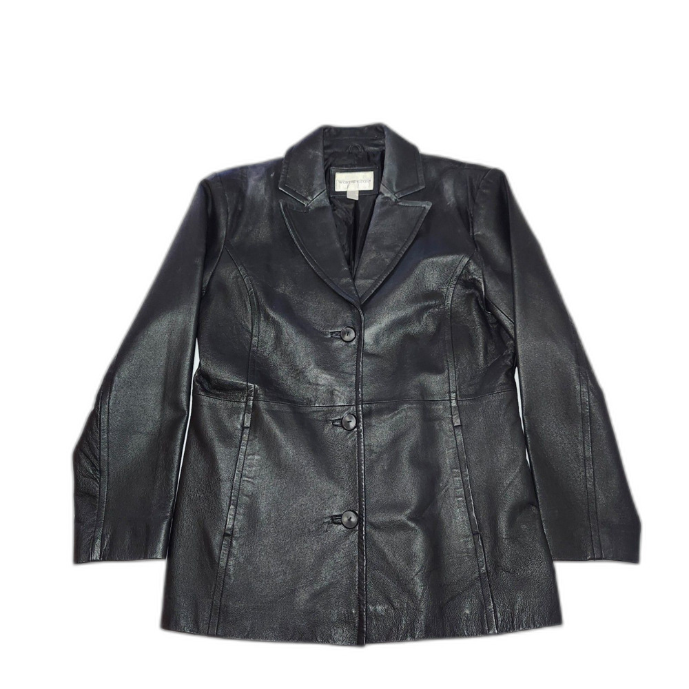 Worthington Blazer Jacket Black L Leather Button-Up Minimalist Coat Women’s
